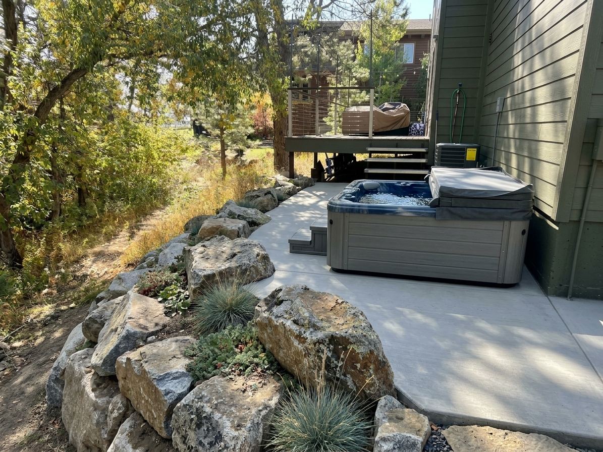 Finished hot tub patio with boulder border and plantings